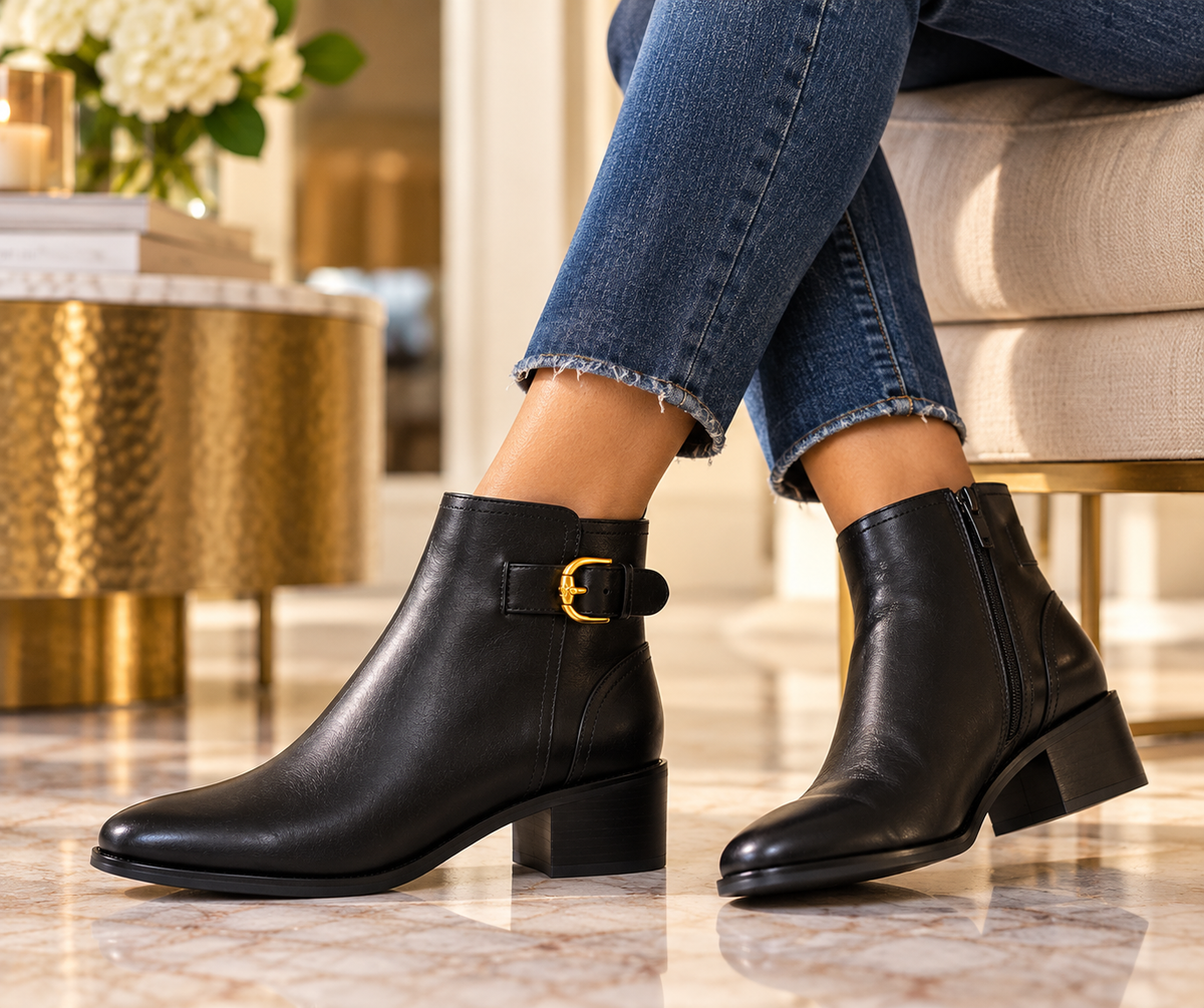 Cole Haan Hanover Buckle Leather Ankle Booties – Black