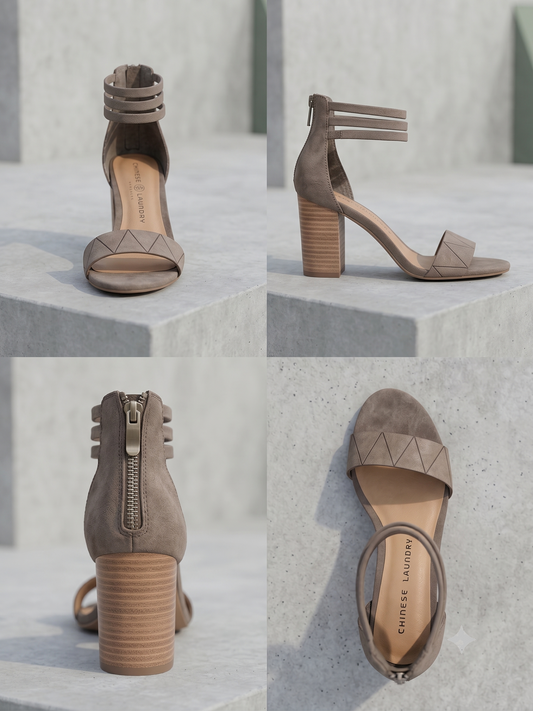 Chinese Laundry 'Rylan' Geometric Strap Block Heel – Split Suede Smoke