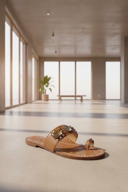 Chinese Laundry Jada Tan Leather Jeweled Toe Slide Sandals