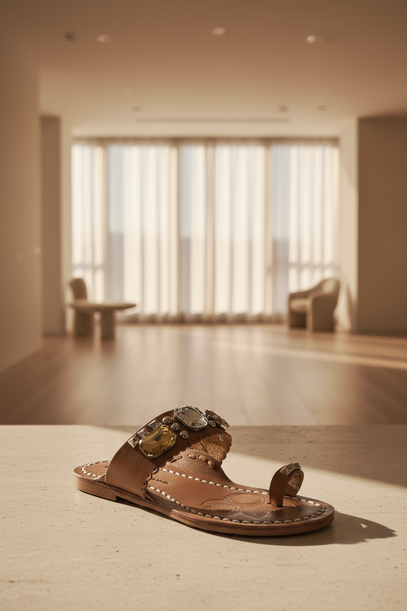 A brown leather slide sandal with white contrast stitching, silver pyramid studs, and large clear and yellow rhinestone embellishments on the strap. The insole is embossed with a clover-like pattern and printed with the brand name 'CHINESE LAUNDIER LOS ANGELES'.