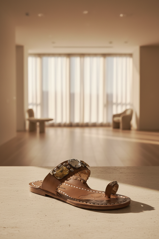 A brown leather slide sandal with white contrast stitching, silver pyramid studs, and large clear and yellow rhinestone embellishments on the strap. The insole is embossed with a clover-like pattern and printed with the brand name 'CHINESE LAUNDIER LOS ANGELES'.
