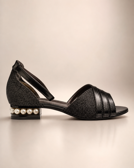 Dunion Black Glitter Pearl-Heel Slingback Sandals