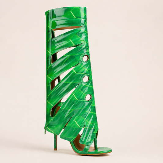 A single green cut-sole high heel boot with a glossy finish and leaf-like geometric cutouts, shown against a plain light beige background.