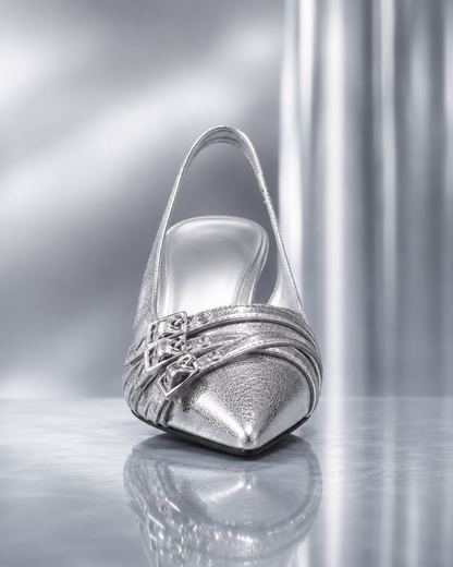 Nine West Capekap Pointed Toe Slingback Heels – Silver Crinkle