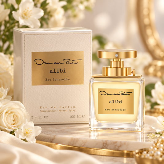 A bottle of alibi Eau Sensuelle perfume with a gold cap and gold label, displayed next to its matching cream-colored box on a marble surface with white roses and gold decor.