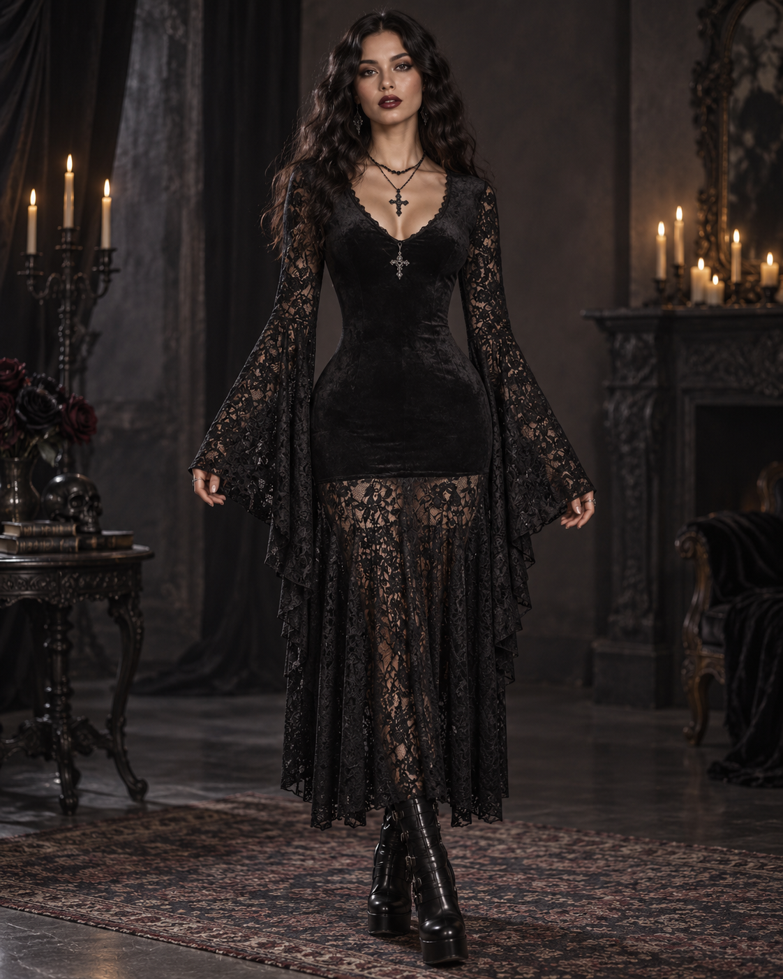 Lace V-Neck Flare Sleeve Dress