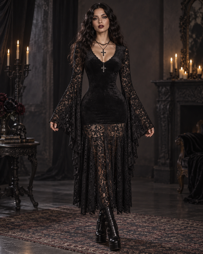 Lace V-Neck Flare Sleeve Dress