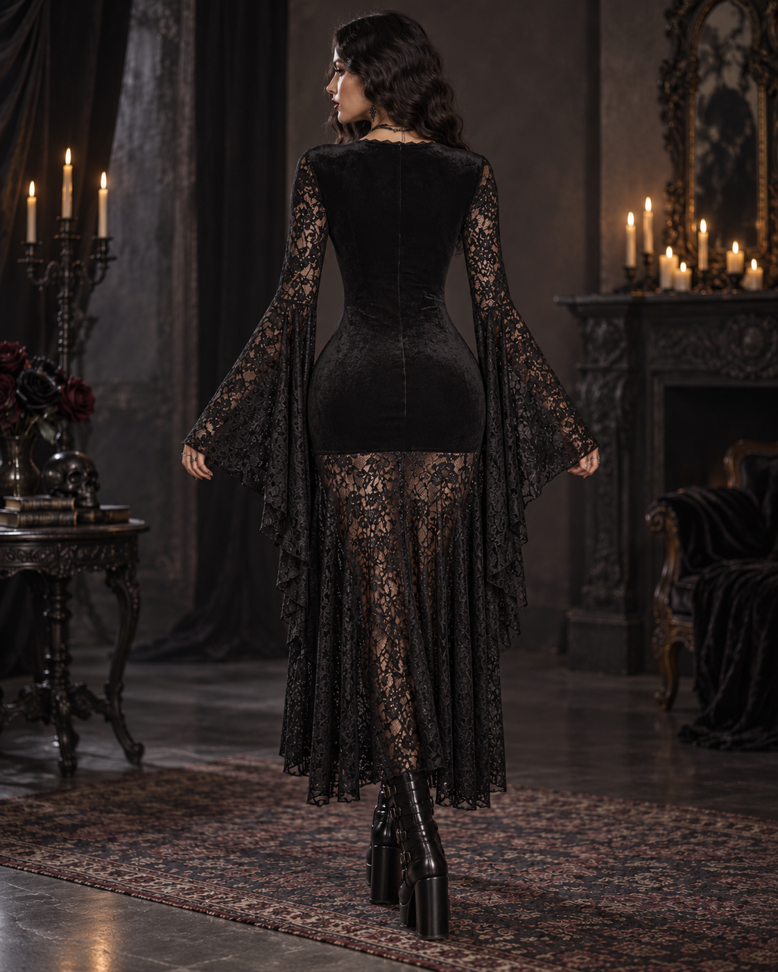 Lace V-Neck Flare Sleeve Dress