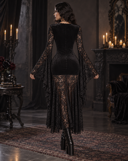 Lace V-Neck Flare Sleeve Dress