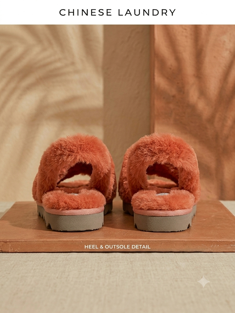 Chinese Laundry Rally Slide Sandal – Coral Faux Fur Plush Slipper