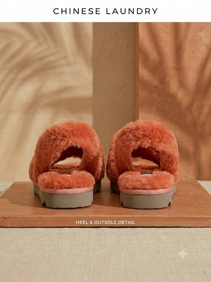 Chinese Laundry Rally Slide Sandal – Coral Faux Fur Plush Slipper