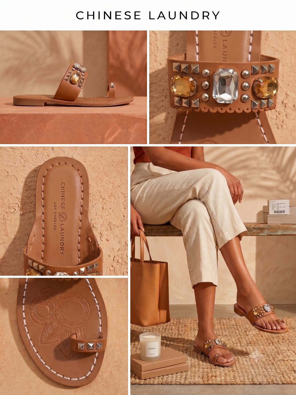 Chinese Laundry Jada Tan Leather Jeweled Toe Slide Sandals