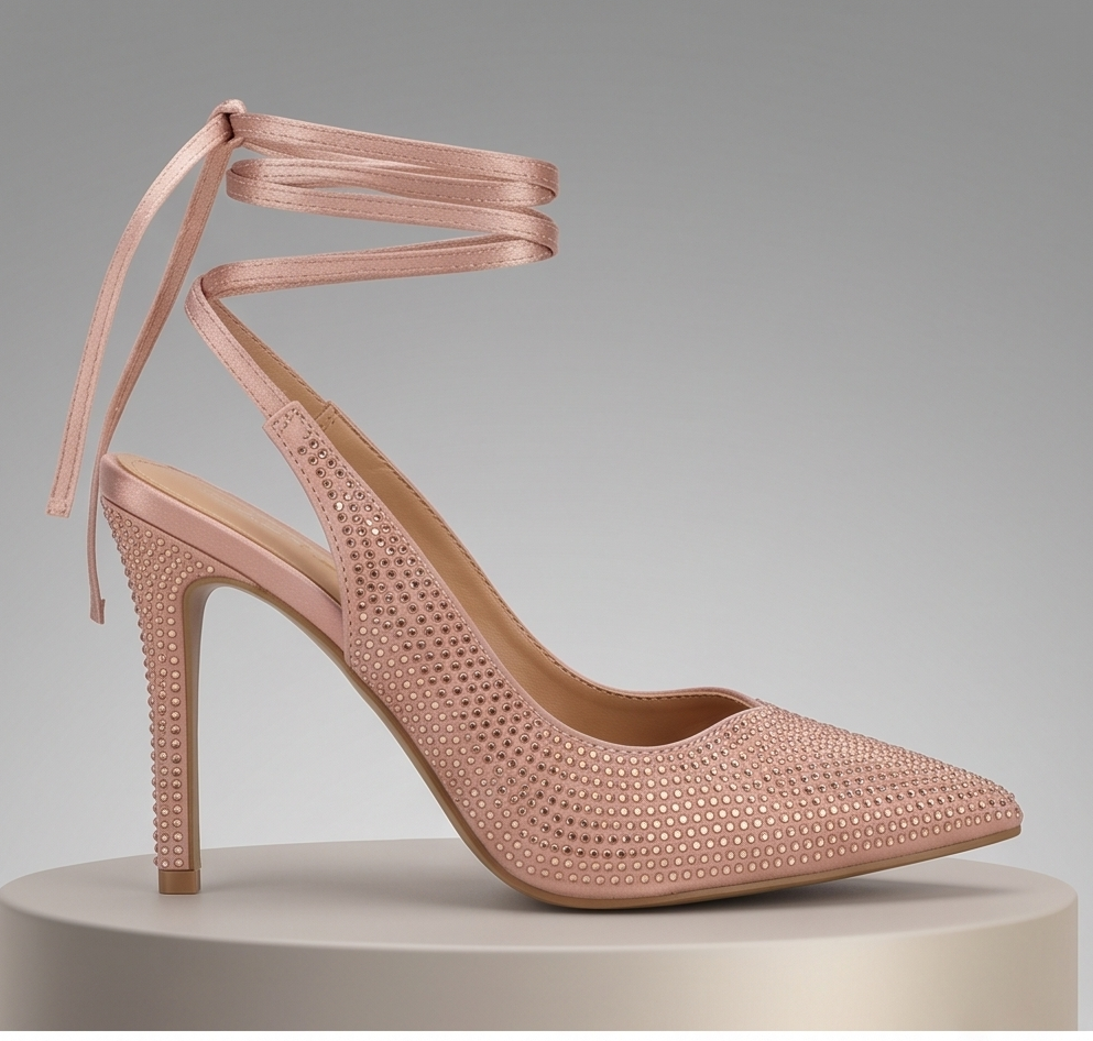 Top Moda Warrior-9 Rhinestone Ankle-Tie Stiletto Pumps – Blush Satin