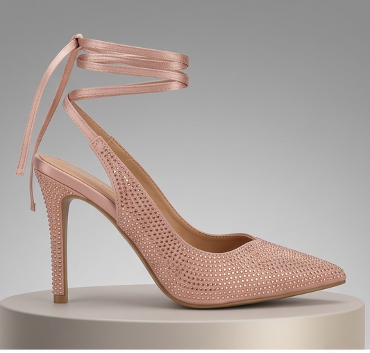 Top Moda Warrior-9 Rhinestone Ankle-Tie Stiletto Pumps – Blush Satin