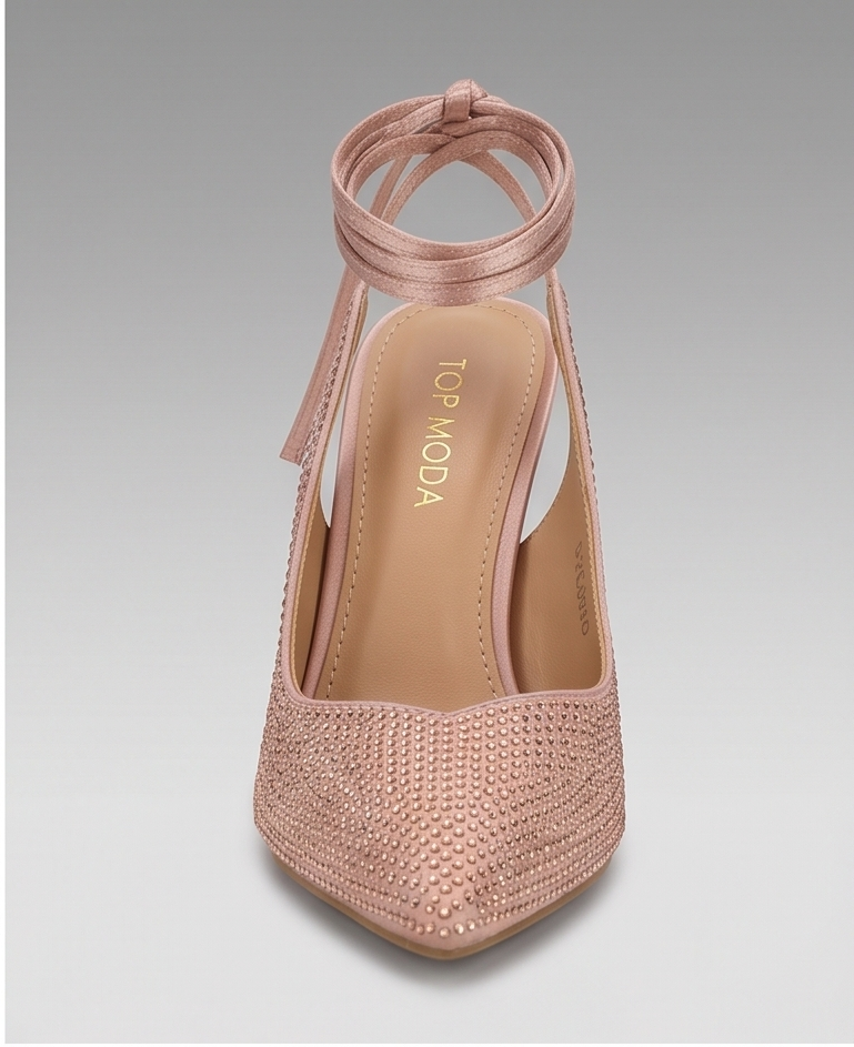 Top Moda Warrior-9 Rhinestone Ankle-Tie Stiletto Pumps – Blush Satin