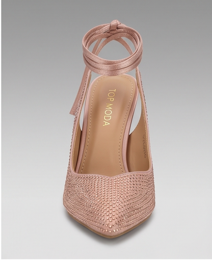 Top Moda Warrior-9 Rhinestone Ankle-Tie Stiletto Pumps – Blush Satin