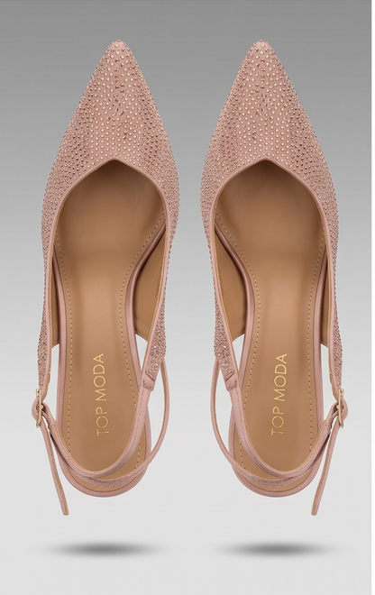 Top Moda Warrior-9 Rhinestone Ankle-Tie Stiletto Pumps – Blush Satin