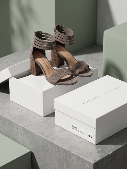 Chinese Laundry 'Rylan' Geometric Strap Block Heel  – Split Suede Smoke