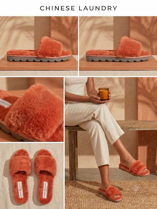 Chinese Laundry Rally Slide Sandal – Coral Faux Fur Plush Slipper